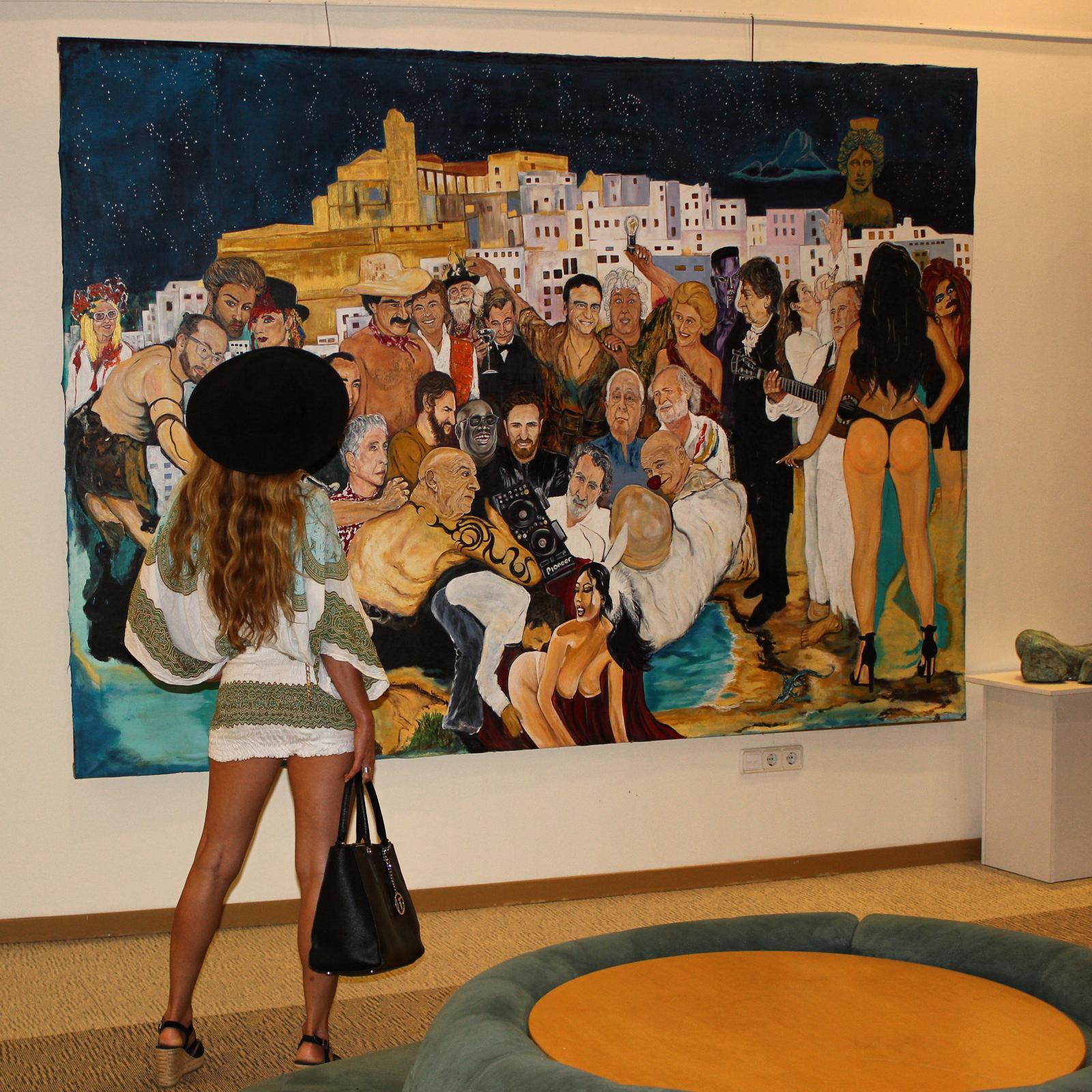 Legend hung in San Juan Galeria, Ibiza, a visitor standing before the 2 × 3 metre canvas