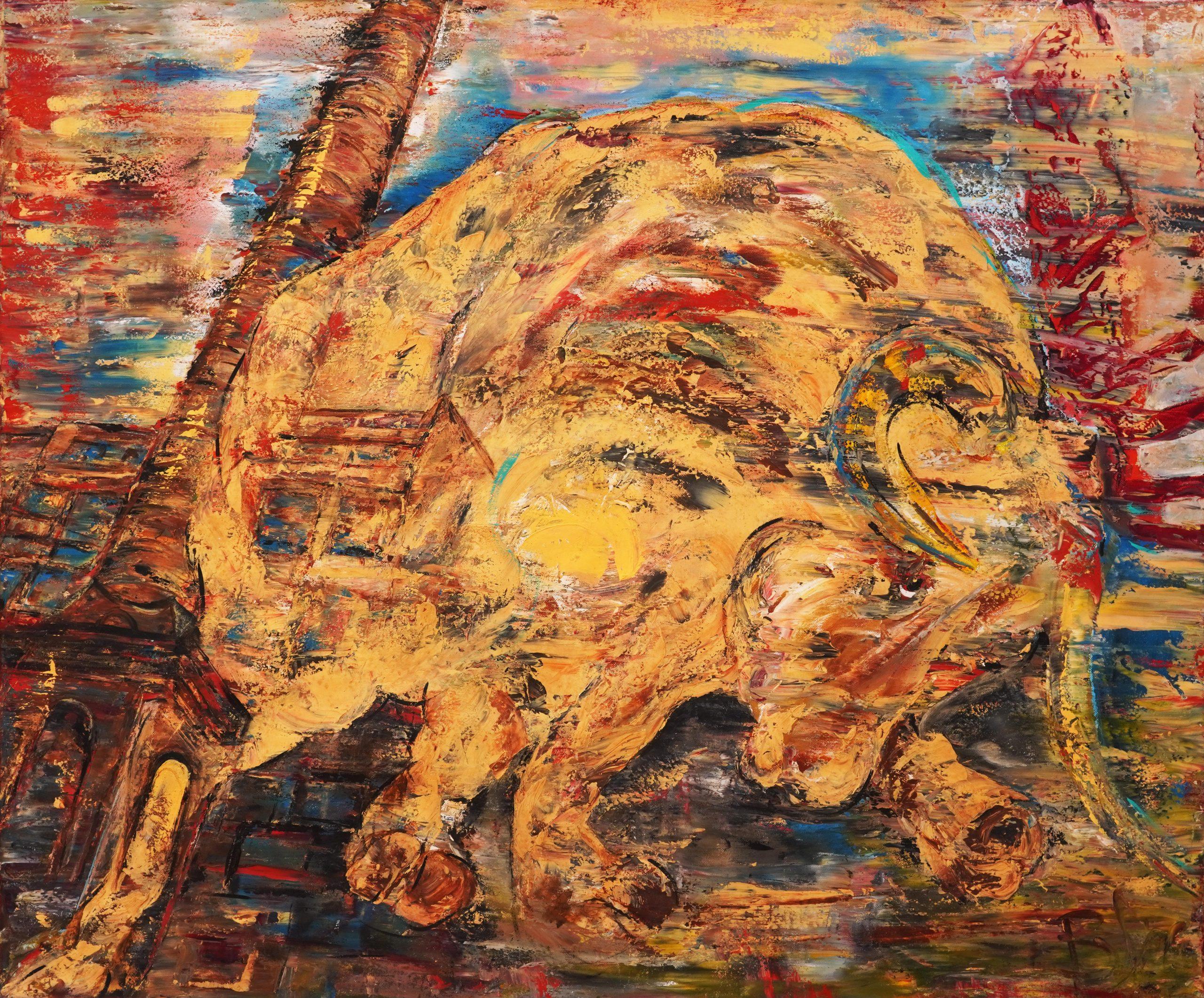 Bullurrie — heavily worked gold and ochre abstract on large canvas