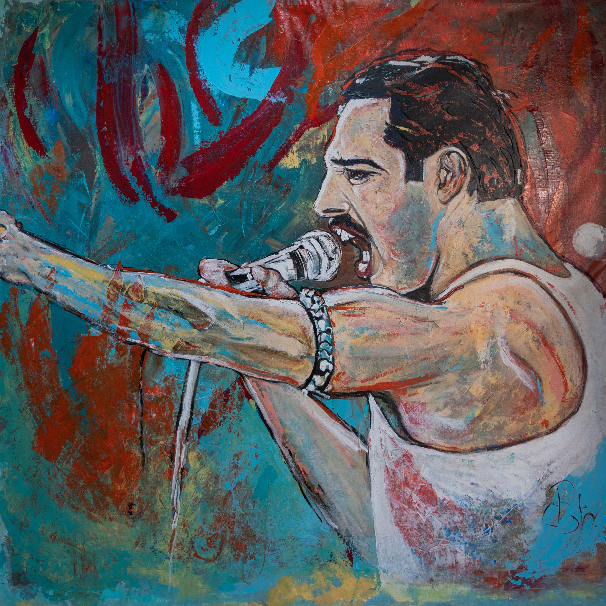 Freddie — portrait of Freddie Mercury mid-performance on red ground