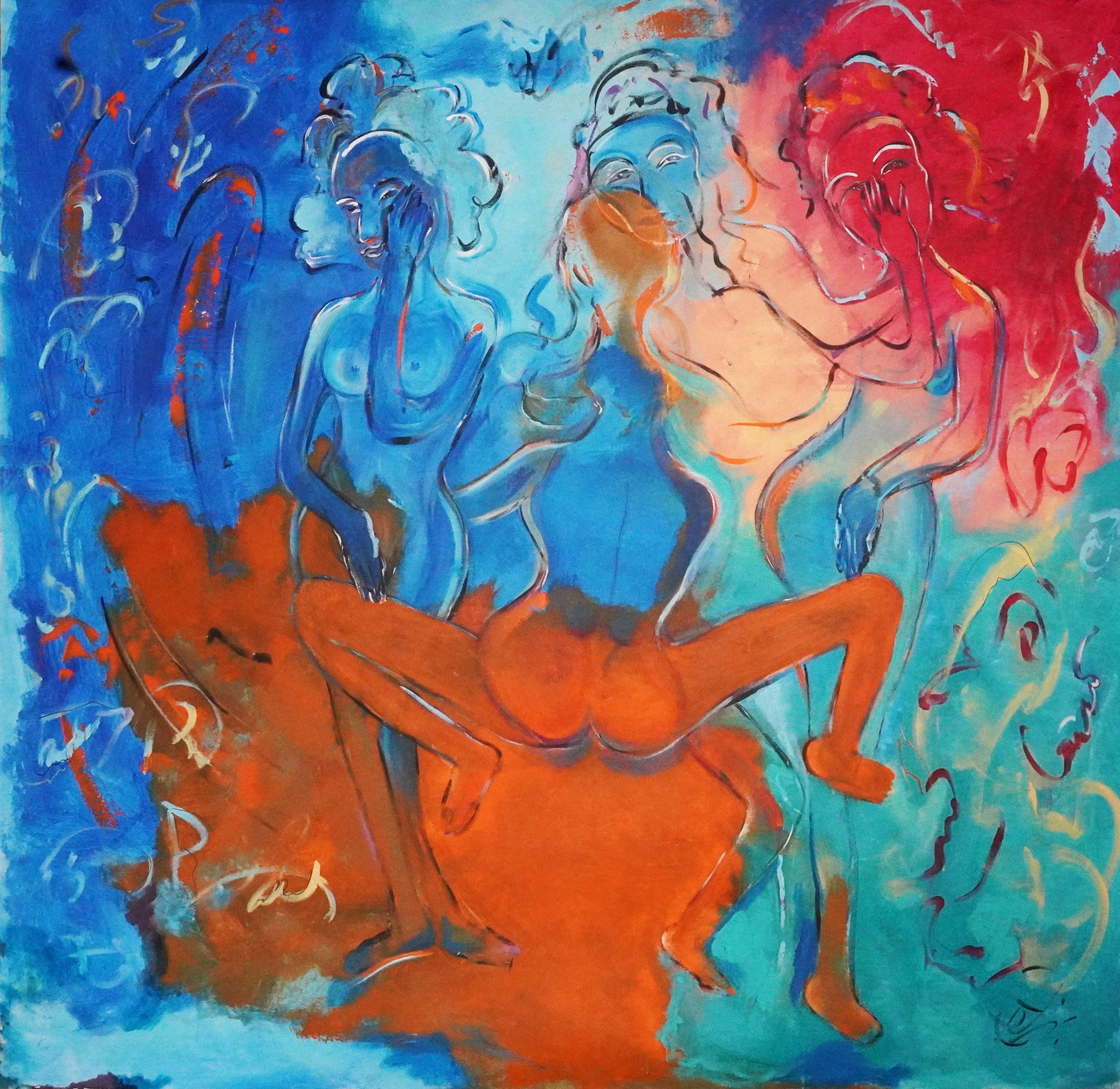 Khejuraho — abstract figures in blue, red and gold on large canvas