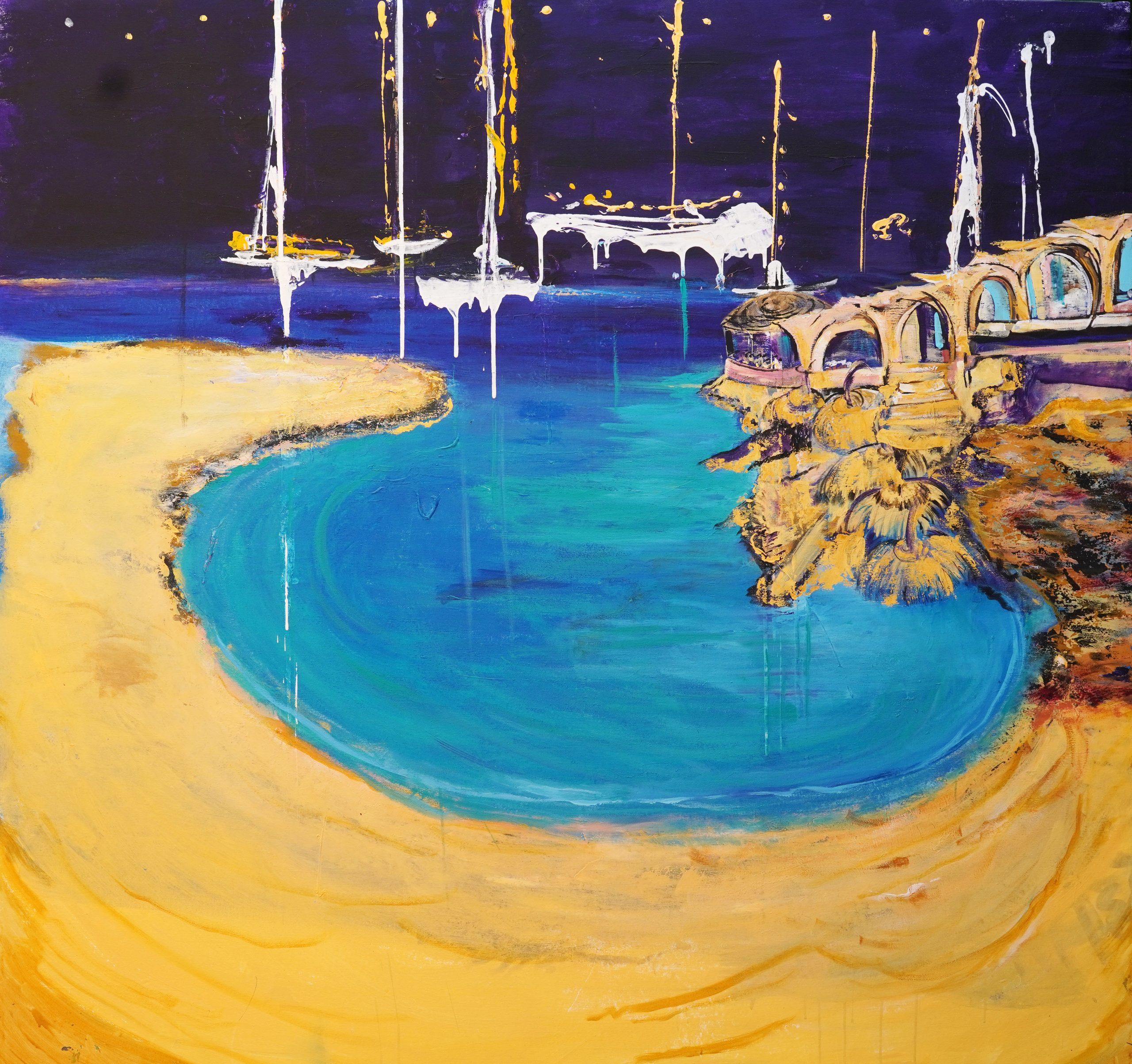 Sunset Ashram — turquoise bay and golden sand under a deep blue sky