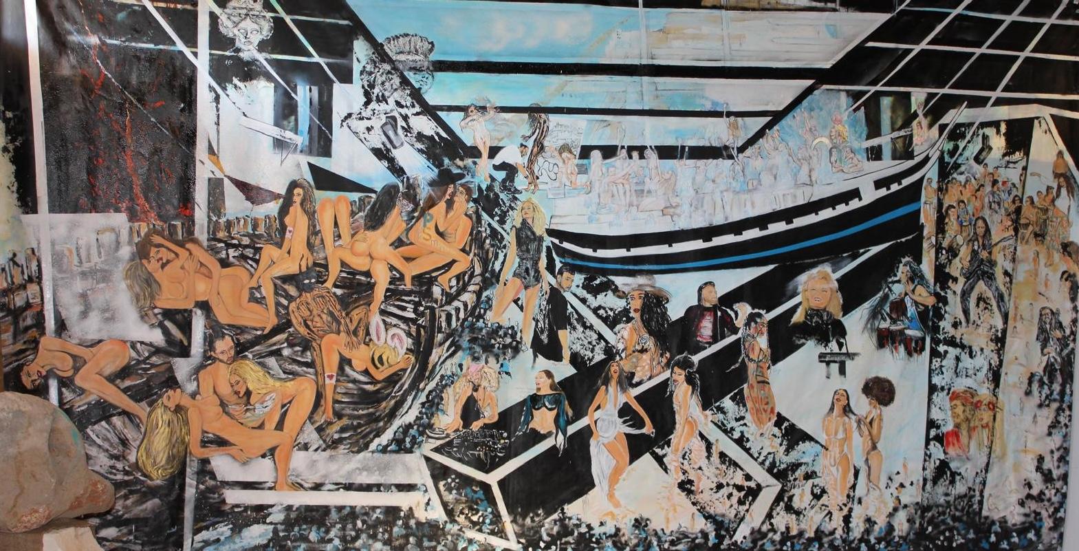 Next Generation — figures on a slipway beneath the hull of a boat, a four-metre canvas by Behzad Behpour