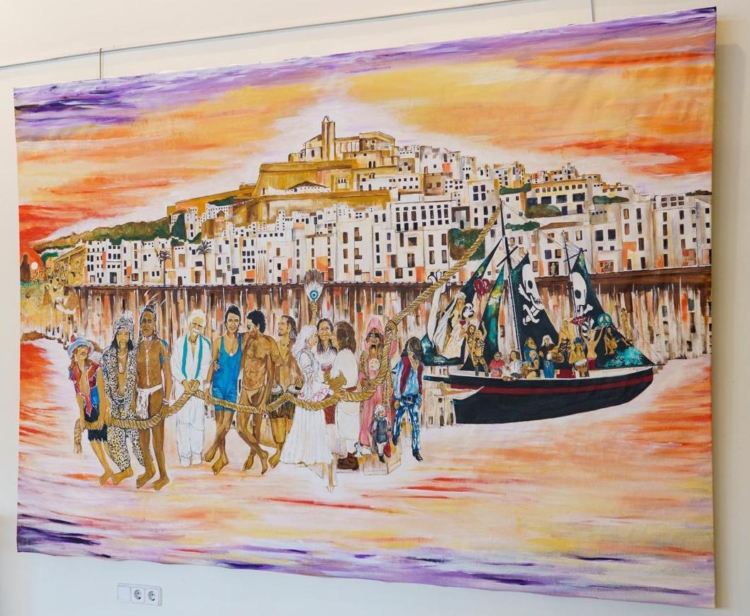 Hippies — a procession along the shore at sunset with a rigged boat alongside, a 2 × 3 metre original painting by Behzad Behpour